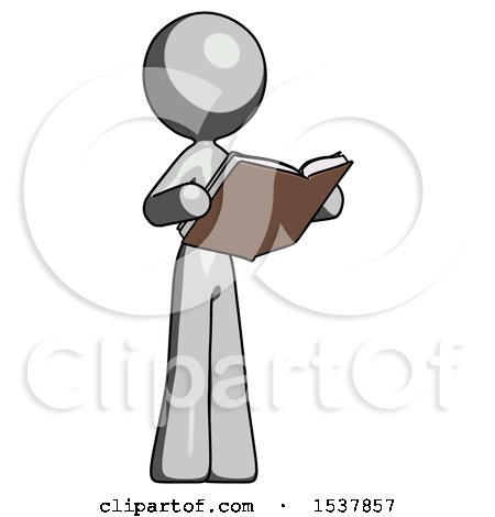 Gray Design Mascot Woman Reading Book While Standing up Facing Away by Leo Blanchette