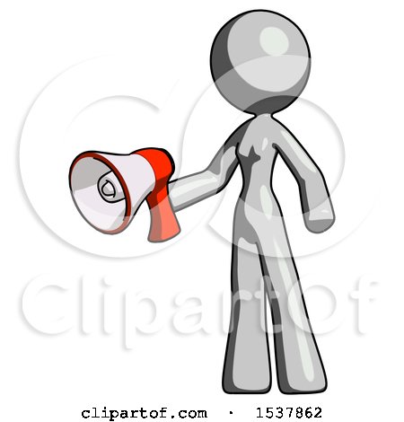 Gray Design Mascot Woman Holding Megaphone Bullhorn Facing Right by Leo Blanchette