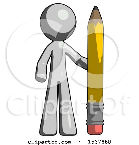 Gray Design Mascot Man with Large Pencil Standing Ready to Write by Leo Blanchette