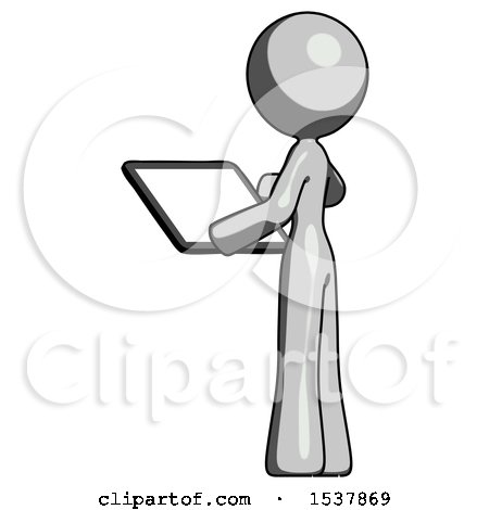 Gray Design Mascot Woman Looking at Tablet Device Computer with Back to Viewer by Leo Blanchette
