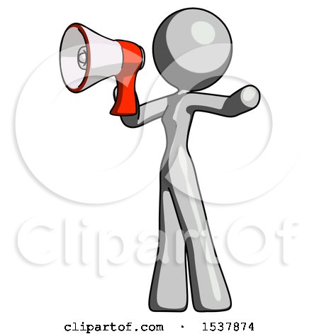 Gray Design Mascot Woman Shouting into Megaphone Bullhorn Facing Left by Leo Blanchette