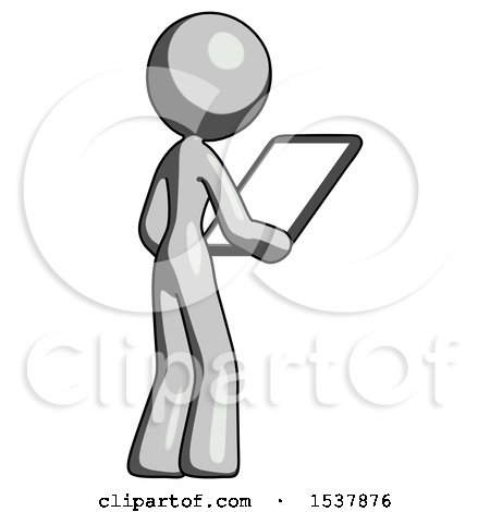 Gray Design Mascot Woman Looking at Tablet Device Computer Facing Away by Leo Blanchette