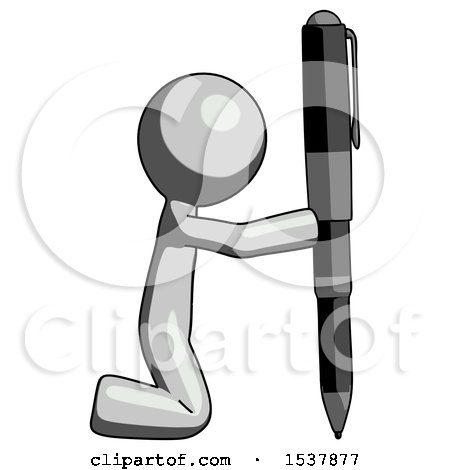 Gray Design Mascot Man Posing with Giant Pen in Powerful yet Awkward Manner. by Leo Blanchette