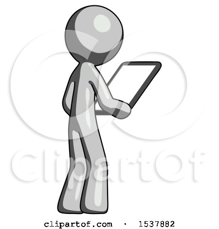 Gray Design Mascot Man Looking at Tablet Device Computer Facing Away by Leo Blanchette