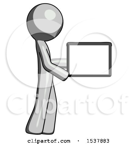 Gray Design Mascot Man Show Tablet Device Computer to Viewer, Blank Area by Leo Blanchette