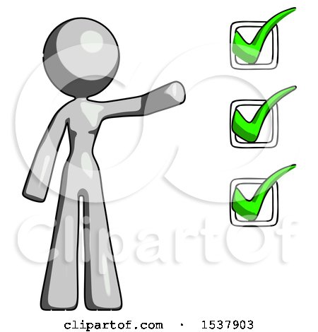 Gray Design Mascot Woman Standing by a Checkmark List Arm Extended by Leo Blanchette