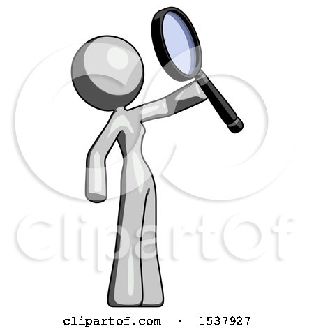 Gray Design Mascot Woman Inspecting with Large Magnifying Glass Facing up by Leo Blanchette