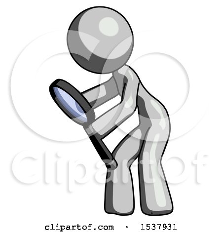 Gray Design Mascot Woman Inspecting with Large Magnifying Glass Left by Leo Blanchette