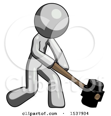 Gray Design Mascot Man Hitting with Sledgehammer, or Smashing Something at Angle by Leo Blanchette