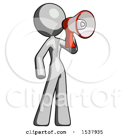 Gray Design Mascot Woman Shouting into Megaphone Bullhorn Facing Right by Leo Blanchette