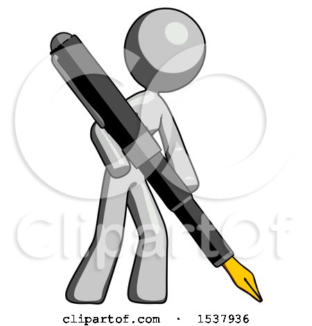 Gray Design Mascot Woman Drawing or Writing with Large Calligraphy Pen by Leo Blanchette
