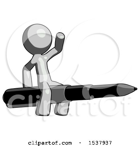Gray Design Mascot Man Riding a Pen like a Giant Rocket by Leo Blanchette
