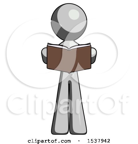 Gray Design Mascot Man Reading Book While Standing up Facing Viewer by Leo Blanchette
