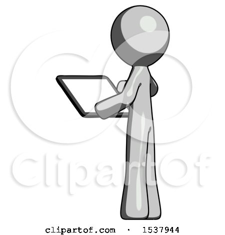 Gray Design Mascot Man Looking at Tablet Device Computer with Back to Viewer by Leo Blanchette