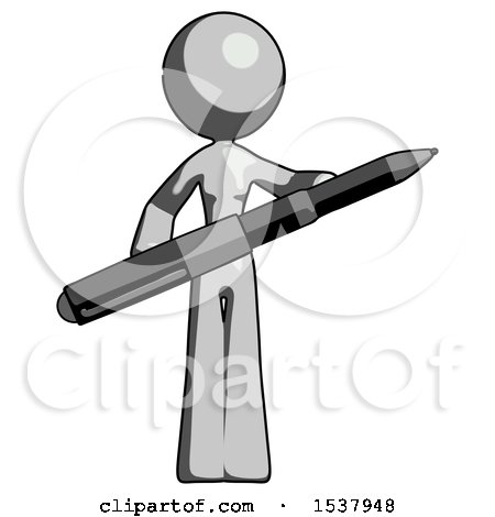 Gray Design Mascot Woman Posing Confidently with Giant Pen by Leo Blanchette