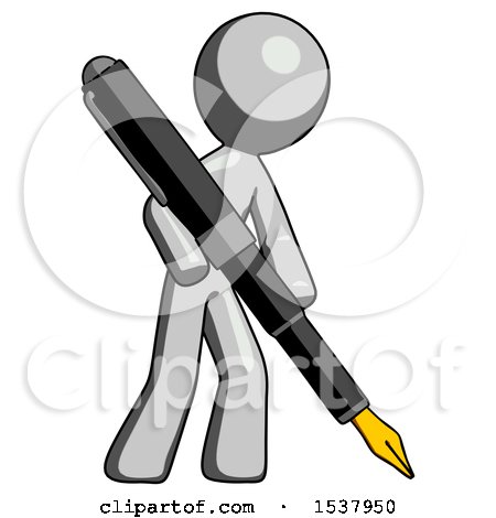 Gray Design Mascot Man Drawing or Writing with Large Calligraphy Pen by Leo Blanchette