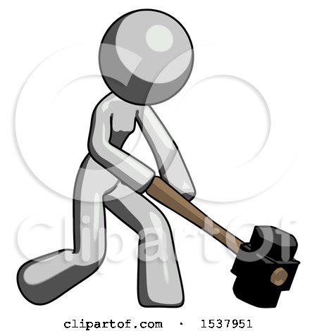Gray Design Mascot Woman Hitting with Sledgehammer, or Smashing Something at Angle by Leo Blanchette
