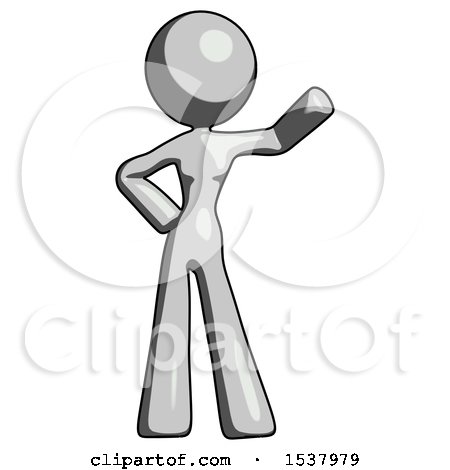 Gray Design Mascot Woman Waving Left Arm with Hand on Hip by Leo Blanchette