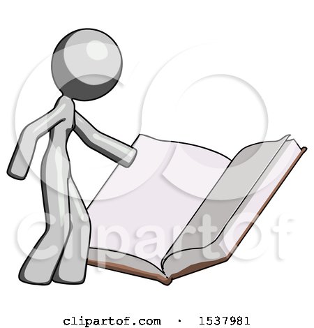 Gray Design Mascot Woman Reading Big Book While Standing Beside It by Leo Blanchette