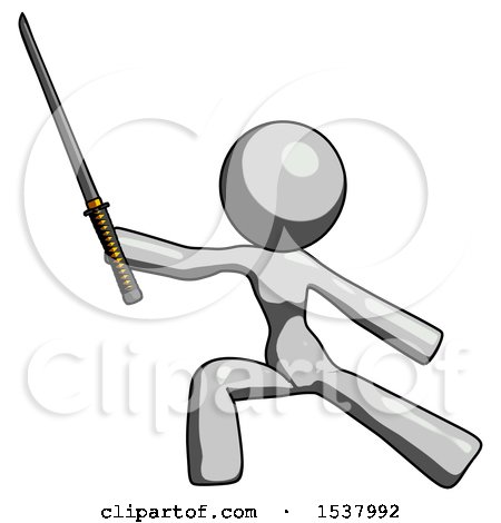 Gray Design Mascot Woman with Ninja Sword Katana in Defense Pose by Leo Blanchette