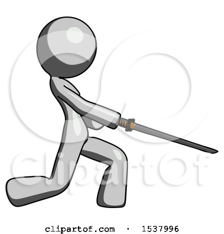 Gray Design Mascot Woman with Ninja Sword Katana Slicing or Striking Something by Leo Blanchette