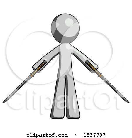Gray Design Mascot Man Posing with Two Ninja Sword Katanas by Leo Blanchette