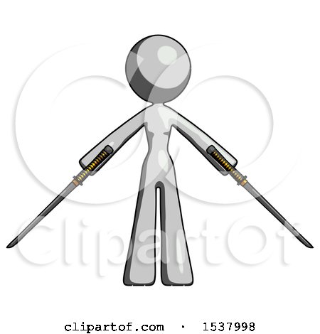 Gray Design Mascot Woman Posing with Two Ninja Sword Katanas by Leo Blanchette