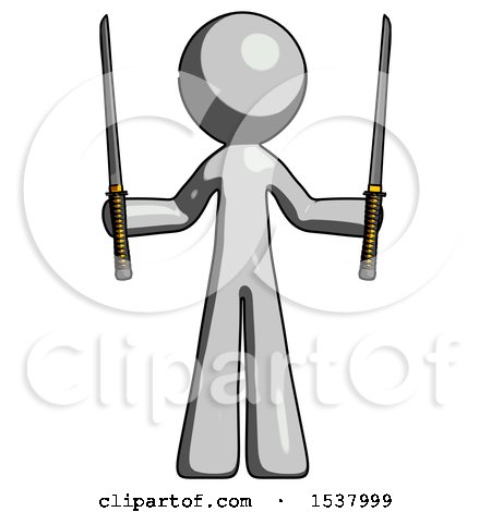 Gray Design Mascot Man Posing with Two Ninja Sword Katanas up by Leo Blanchette