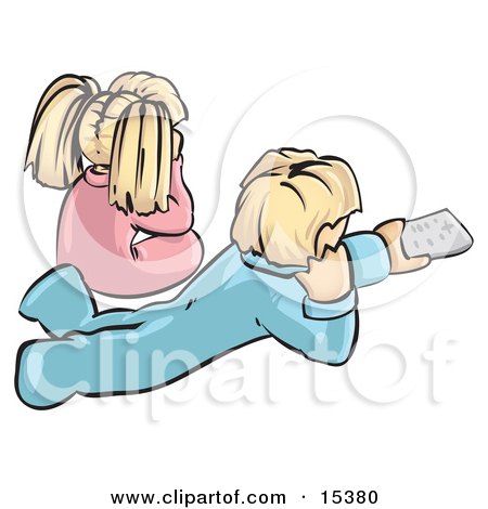 Little Blond Girl With Her Hair Up In Pigtails, Wearing Pink Pajamas, Sitting Cross Legged By Her Blond Brother Who Is Wearing Blue Pjs And Using A Tv Remote Control While Lying On His Stomach And Watching Saturday Morning Cartoons Clipart Image Picture by Leo Blanchette