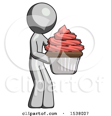 Gray Design Mascot Man Holding Large Cupcake Ready to Eat or Serve by Leo Blanchette