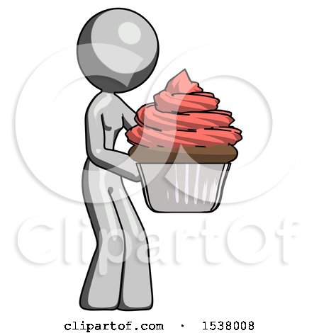 Gray Design Mascot Woman Holding Large Cupcake Ready to Eat or Serve by Leo Blanchette