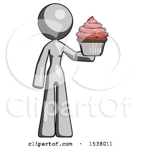 Gray Design Mascot Woman Presenting Pink Cupcake to Viewer by Leo Blanchette