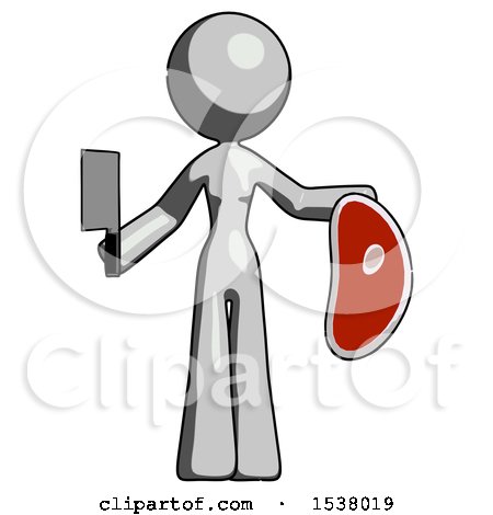 Gray Design Mascot Woman Holding Large Steak with Butcher Knife by Leo Blanchette