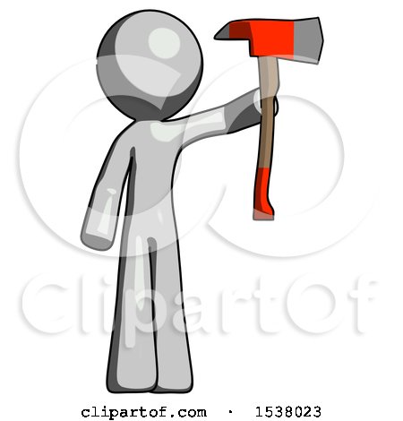 Gray Design Mascot Man Holding up Red Firefighter's Ax by Leo Blanchette