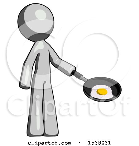Gray Design Mascot Man Frying Egg in Pan or Wok Facing Right by Leo Blanchette