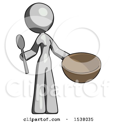 Gray Design Mascot Woman with Empty Bowl and Spoon Ready to Make Something by Leo Blanchette