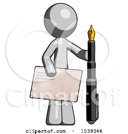 Gray Design Mascot Man Holding Large Envelope and Calligraphy Pen by Leo Blanchette