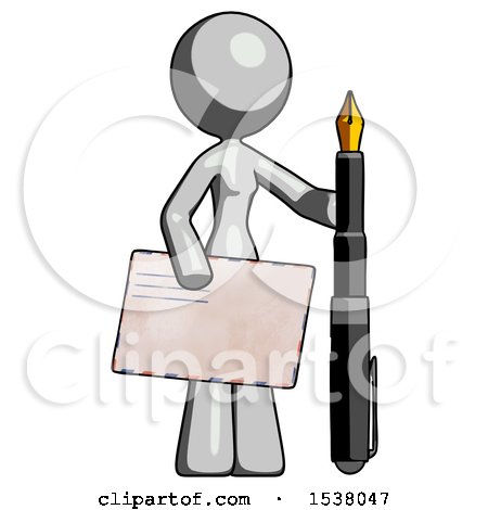 Gray Design Mascot Woman Holding Large Envelope and Calligraphy Pen by Leo Blanchette