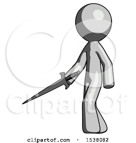 Gray Design Mascot Man with Sword Walking Confidently by Leo Blanchette