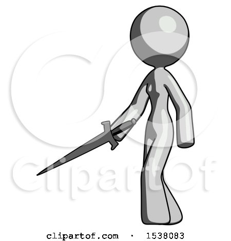 Gray Design Mascot Woman with Sword Walking Confidently by Leo Blanchette