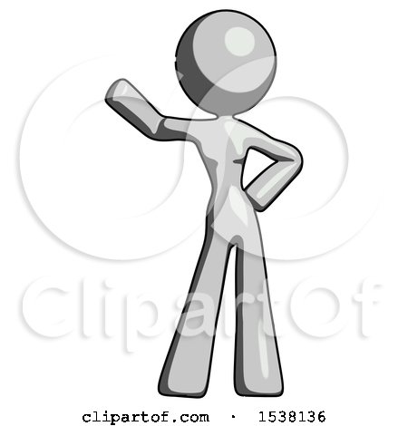 Gray Design Mascot Woman Waving Right Arm with Hand on Hip by Leo Blanchette