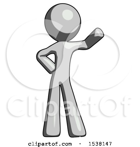 Gray Design Mascot Man Waving Left Arm with Hand on Hip by Leo Blanchette
