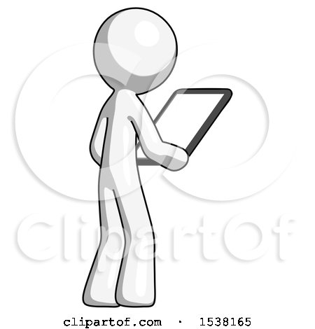 White Design Mascot Man Looking at Tablet Device Computer Facing Away by Leo Blanchette