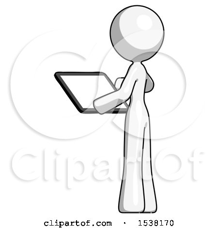 White Design Mascot Woman Looking at Tablet Device Computer with Back to Viewer by Leo Blanchette