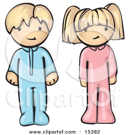 Two Cute Blond Children, A Little Boy And A Little Girl, Atanding In Their Pajamas With Their Arms At Their Sides Clipart Graphic Picture by Leo Blanchette