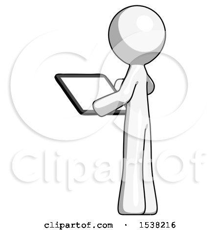 White Design Mascot Man Looking at Tablet Device Computer with Back to Viewer by Leo Blanchette