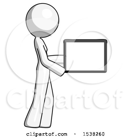 White Design Mascot Woman Show Tablet Device Computer to Viewer, Blank Area by Leo Blanchette