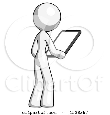 White Design Mascot Woman Looking at Tablet Device Computer Facing Away by Leo Blanchette
