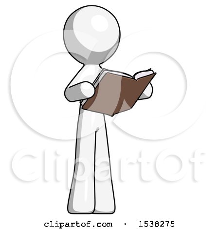 White Design Mascot Man Reading Book While Standing up Facing Away by Leo Blanchette