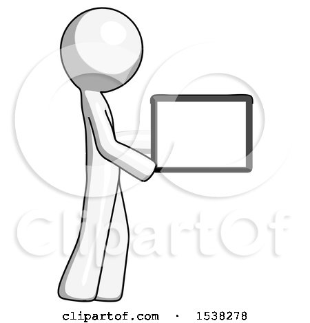 White Design Mascot Man Show Tablet Device Computer to Viewer, Blank Area by Leo Blanchette